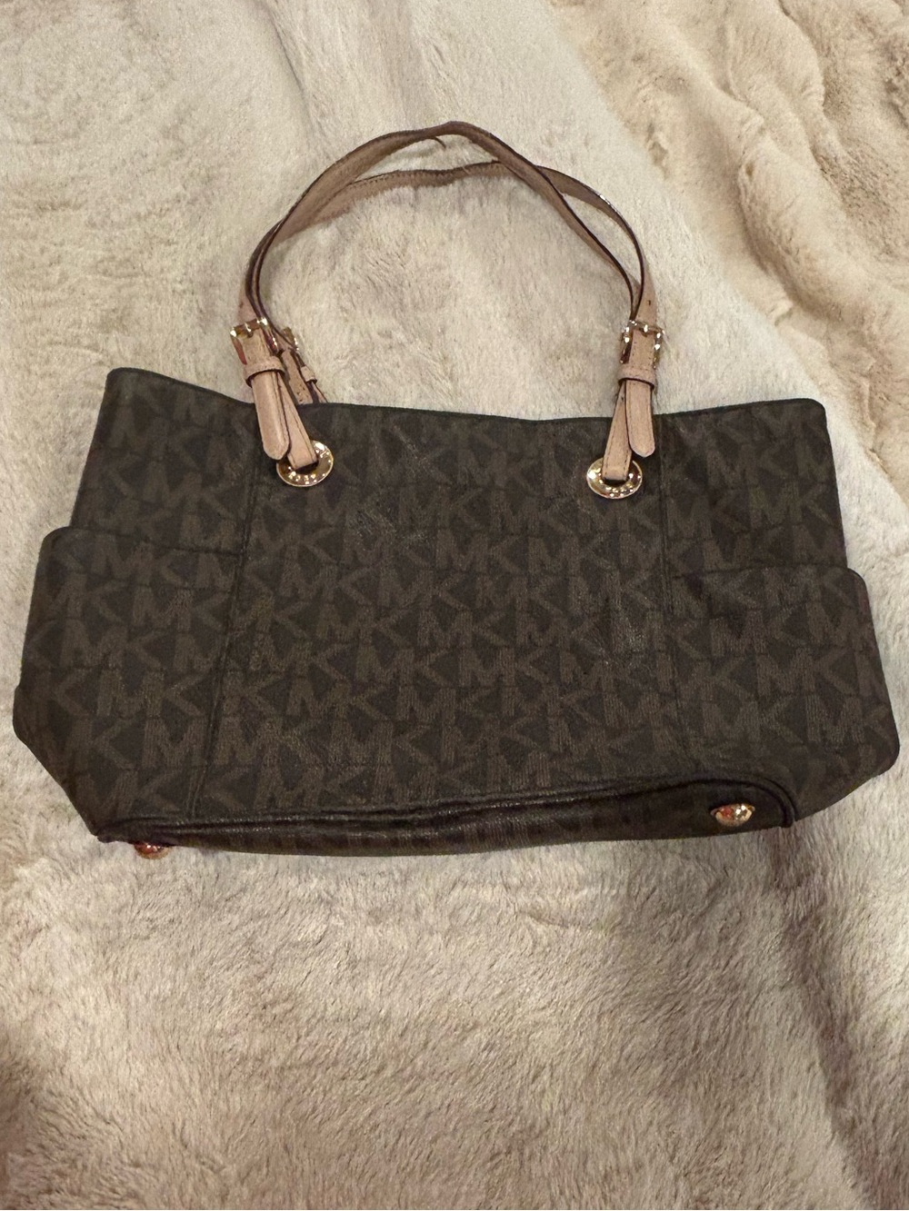 Michael Kors Brown Logo-Print Shoulder Tote with Light Tan Handles